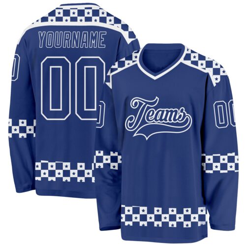 Custom Royal White Plaid Hockey Jersey