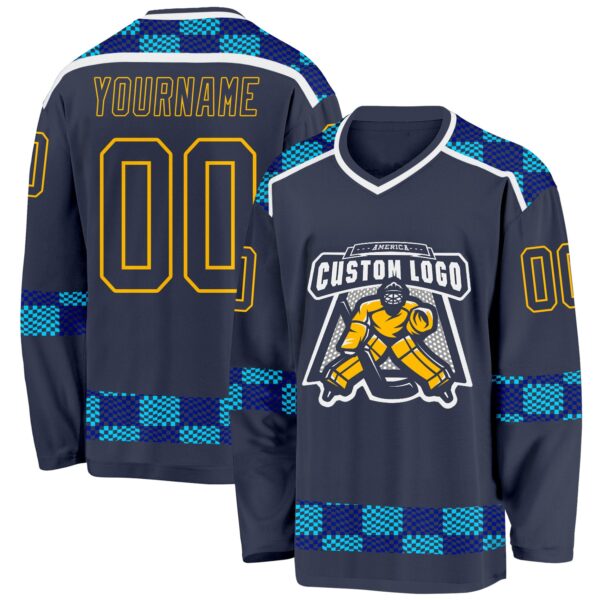 Custom Navy Blue Gold-White Plaid Hockey Jersey