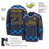Custom Navy Blue Gold-White Plaid Hockey Jersey