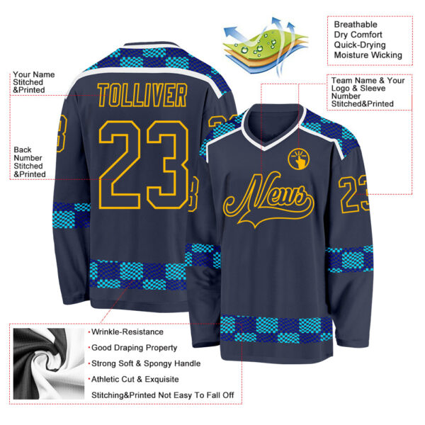 Custom Navy Blue Gold-White Plaid Hockey Jersey