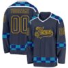 Custom Navy Blue Gold-White Plaid Hockey Jersey