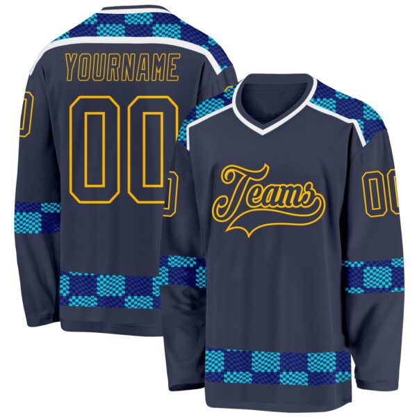 Custom Navy Blue Gold-White Plaid Hockey Jersey