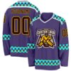 Custom Purple Brown Gold Blue Light Yellow-White Plaid Hockey Jersey