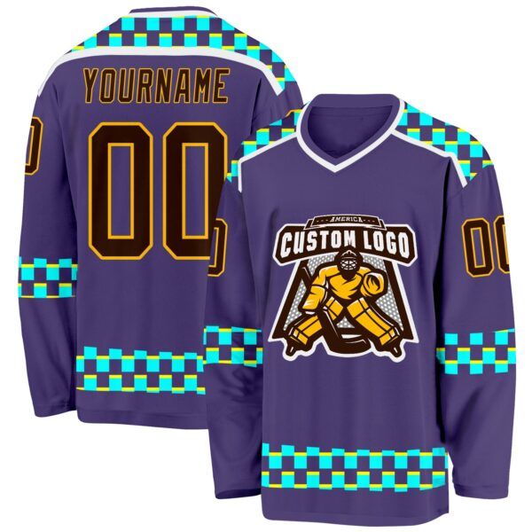 Custom Purple Brown Gold Blue Light Yellow-White Plaid Hockey Jersey