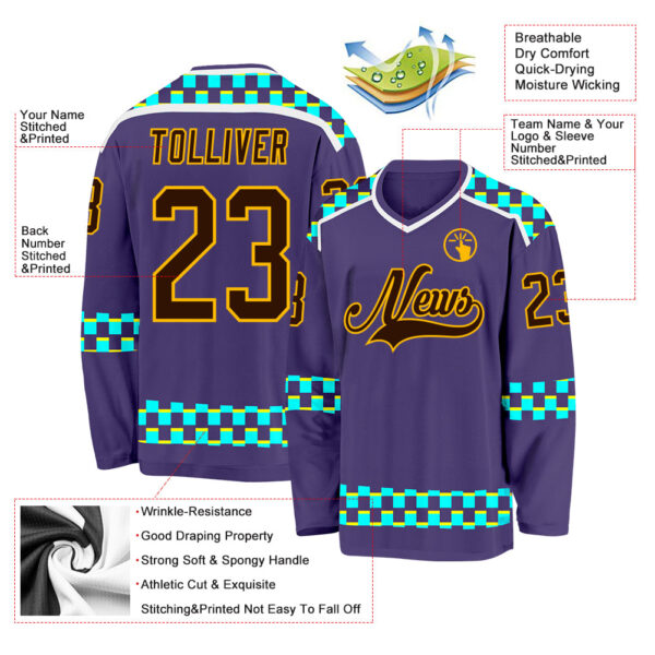 Custom Purple Brown Gold Blue Light Yellow-White Plaid Hockey Jersey