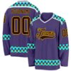 Custom Purple Brown Gold Blue Light Yellow-White Plaid Hockey Jersey
