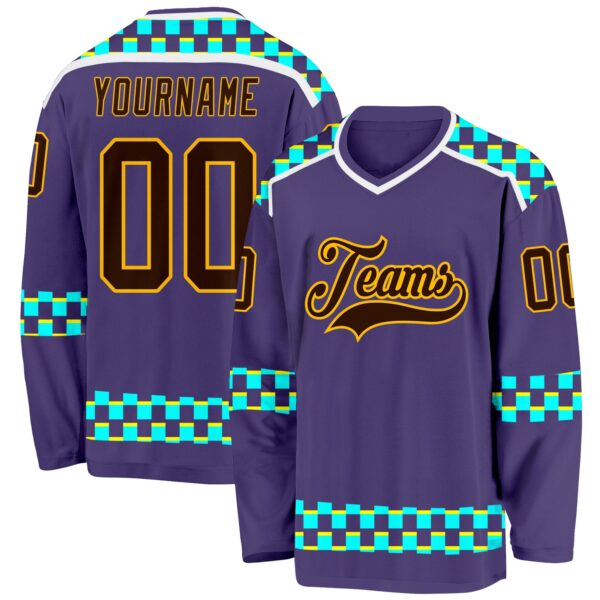 Custom Purple Brown Gold Blue Light Yellow-White Plaid Hockey Jersey