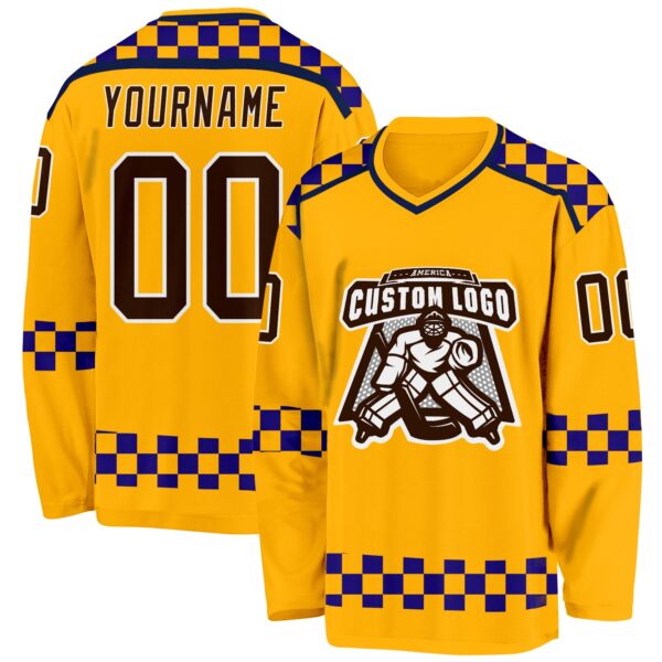 Custom Gold Brown Purple Navy-White Plaid Hockey Jersey