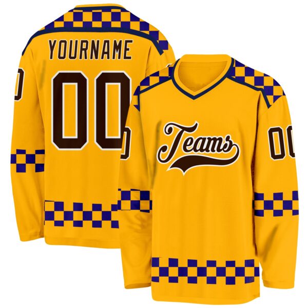Custom Gold Brown Purple Navy-White Plaid Hockey Jersey