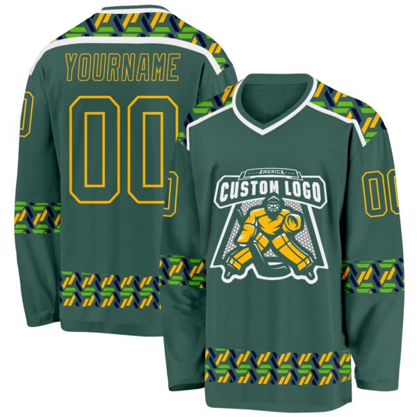 Custom Green Gold-White Plaid Hockey Jersey