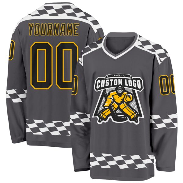 Custom Steel Gray Black Gold-White Plaid Hockey Jersey