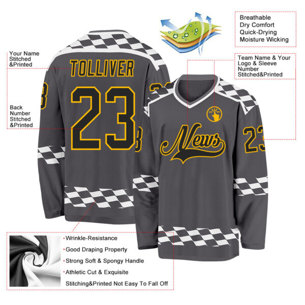 Custom Steel Gray Black Gold-White Plaid Hockey Jersey