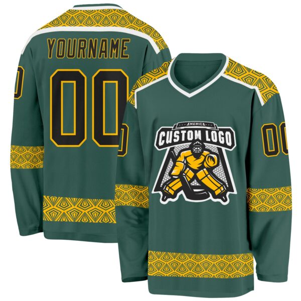 Custom Green Black Gold-White Plaid Hockey Jersey