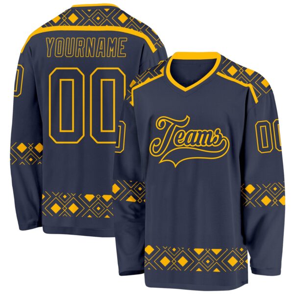 Custom Navy Gold Plaid Hockey Jersey