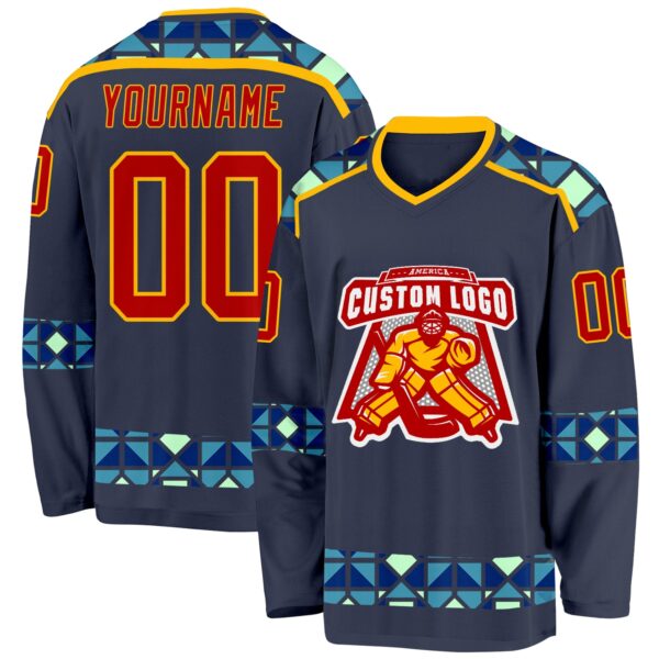 Custom Navy Red Blue Pea Green-Gold Plaid Hockey Jersey