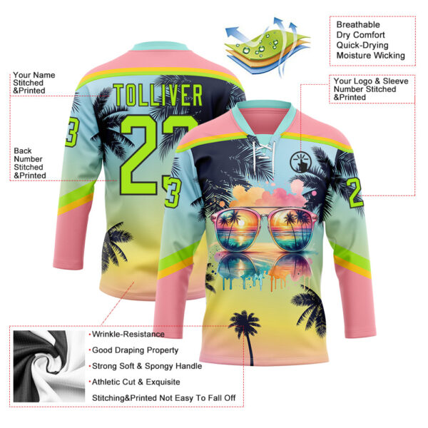 Custom Medium Pink Neon Green Yellow-Black Gradient Hawaii Tropical Palm Trees Hockey Lace Neck Jersey