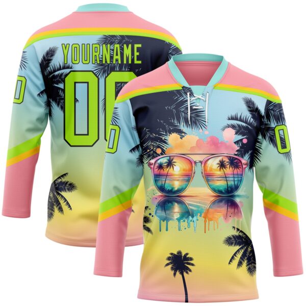 Custom Medium Pink Neon Green Yellow-Black Gradient Hawaii Tropical Palm Trees Hockey Lace Neck Jersey