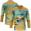 Custom Old Gold Blue-Texas Orange Gradient Hawaii Tropical Palm Trees Hockey Lace Neck Jersey