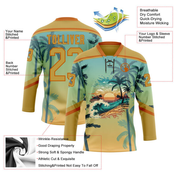 Custom Old Gold Blue-Texas Orange Gradient Hawaii Tropical Palm Trees Hockey Lace Neck Jersey