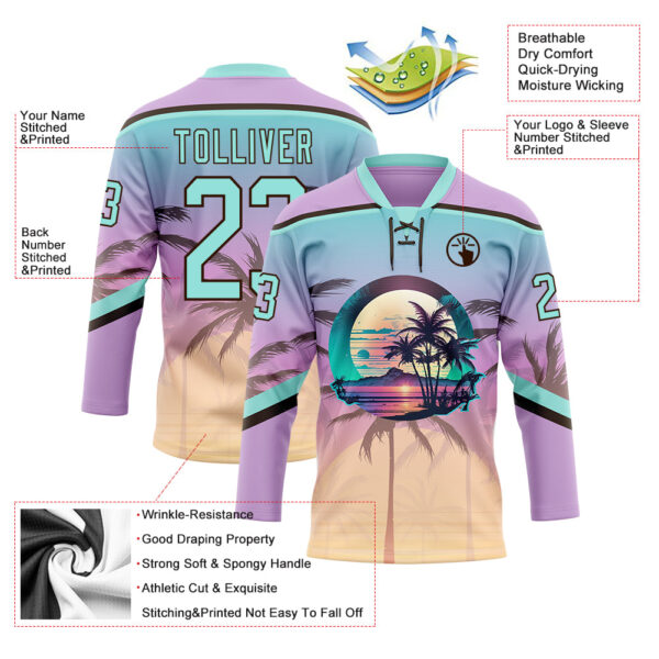 Custom Light Purple Ice Blue-Brown Gradient Hawaii Tropical Palm Trees Hockey Lace Neck Jersey