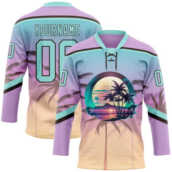 Custom Light Purple Ice Blue-Brown Gradient Hawaii Tropical Palm Trees Hockey Lace Neck Jersey