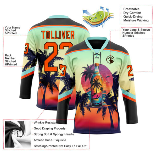 Custom Black Orange Ice Blue-Brown Gradient Hawaii Tropical Palm Trees Hockey Lace Neck Jersey