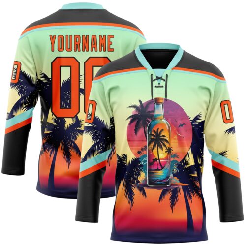 Custom Black Orange Ice Blue-Brown Gradient Hawaii Tropical Palm Trees Hockey Lace Neck Jersey