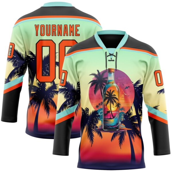 Custom Black Orange Ice Blue-Brown Gradient Hawaii Tropical Palm Trees Hockey Lace Neck Jersey
