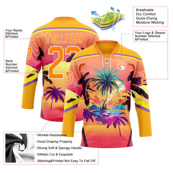 Custom Yellow Bay Orange Medium Purple-White Gradient Hawaii Tropical Palm Trees Hockey Lace Neck Jersey