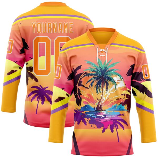 Custom Yellow Bay Orange Medium Purple-White Gradient Hawaii Tropical Palm Trees Hockey Lace Neck Jersey