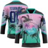 Custom Black Purple Pink-Aqua Gradient Hawaii Tropical Palm Trees Hockey Lace Neck Jersey