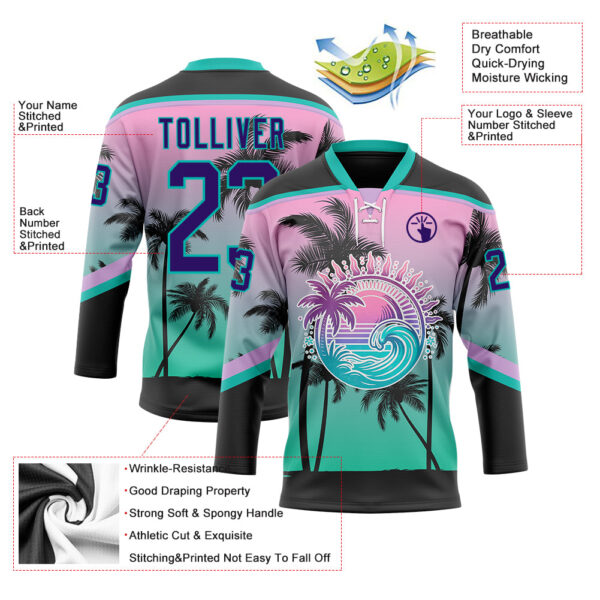 Custom Black Purple Pink-Aqua Gradient Hawaii Tropical Palm Trees Hockey Lace Neck Jersey