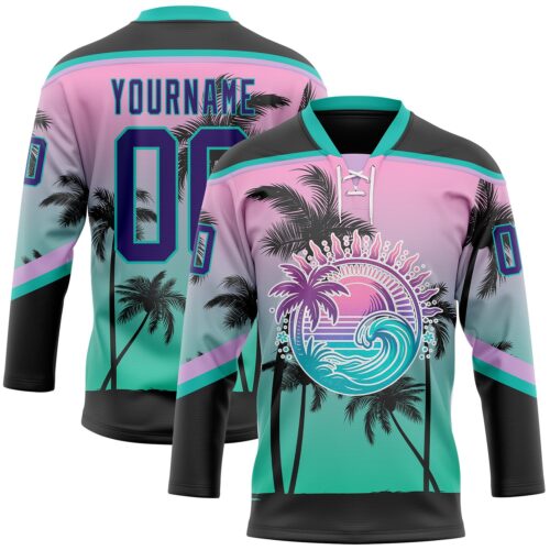 Custom Black Purple Pink-Aqua Gradient Hawaii Tropical Palm Trees Hockey Lace Neck Jersey