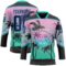 Custom Black Purple Pink-Aqua Gradient Hawaii Tropical Palm Trees Hockey Lace Neck Jersey