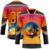 Custom Brown Bay Orange Yellow-Sky Blue Gradient Hawaii Tropical Palm Trees Hockey Lace Neck Jersey