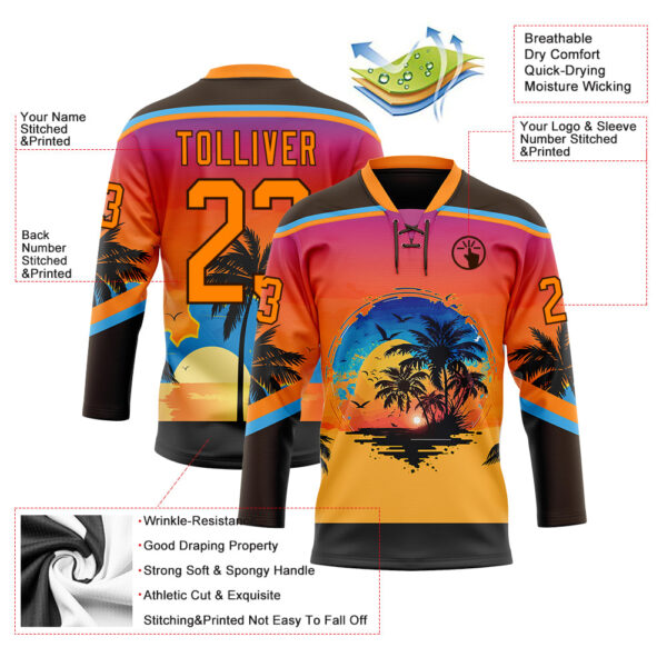 Custom Brown Bay Orange Yellow-Sky Blue Gradient Hawaii Tropical Palm Trees Hockey Lace Neck Jersey