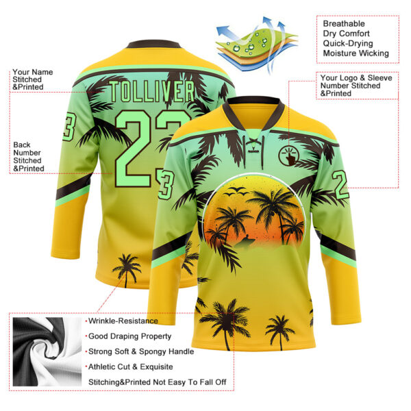 Custom Yellow Pea Green-Brown Gradient Hawaii Tropical Palm Trees Hockey Lace Neck Jersey