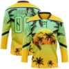 Custom Yellow Pea Green-Brown Gradient Hawaii Tropical Palm Trees Hockey Lace Neck Jersey