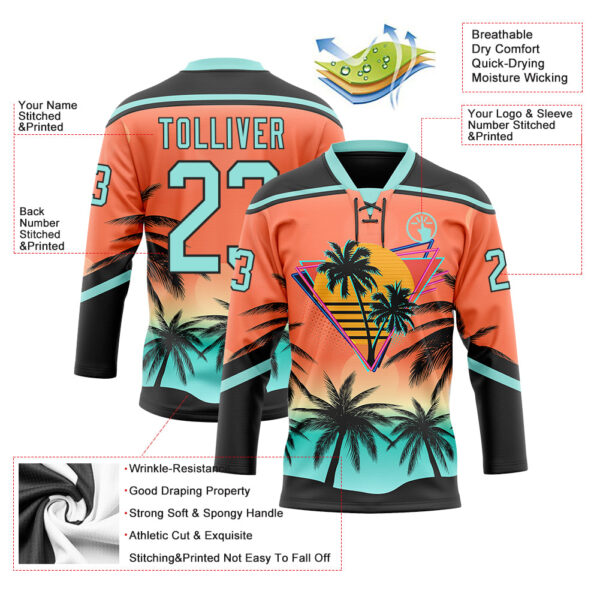 Custom Black Ice Blue-Orange Gradient Hawaii Tropical Palm Trees Hockey Lace Neck Jersey