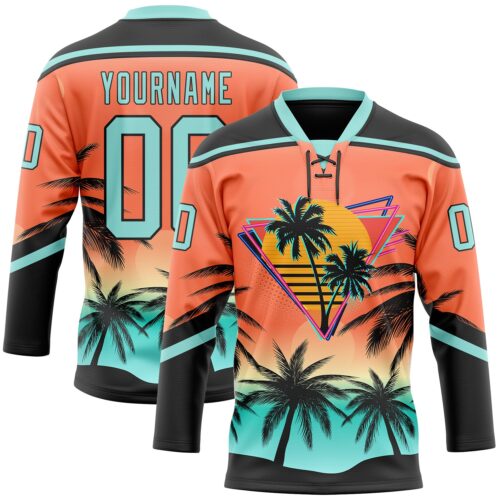 Custom Black Ice Blue-Orange Gradient Hawaii Tropical Palm Trees Hockey Lace Neck Jersey