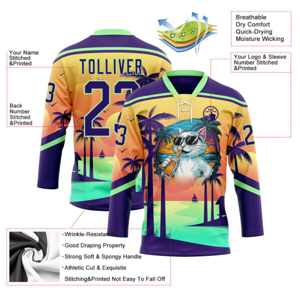 Custom Purple Yellow-Pea Green Gradient Hawaii Tropical Palm Trees Hockey Lace Neck Jersey