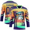 Custom Purple Yellow-Pea Green Gradient Hawaii Tropical Palm Trees Hockey Lace Neck Jersey
