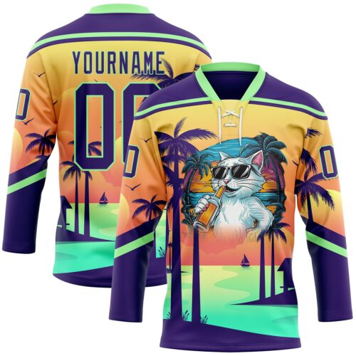 Custom Purple Yellow-Pea Green Gradient Hawaii Tropical Palm Trees Hockey Lace Neck Jersey