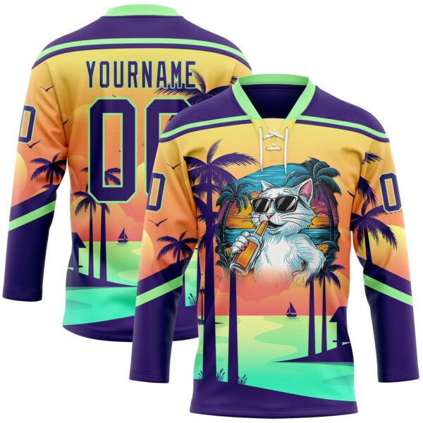 Custom Purple Yellow-Pea Green Gradient Hawaii Tropical Palm Trees Hockey Lace Neck Jersey