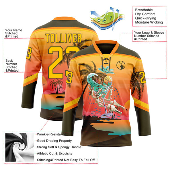 Custom Olive Yellow-Bay Orange Gradient Hawaii Tropical Palm Trees Hockey Lace Neck Jersey