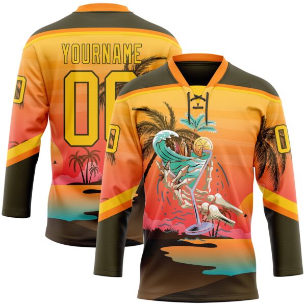 Custom Olive Yellow-Bay Orange Gradient Hawaii Tropical Palm Trees Hockey Lace Neck Jersey