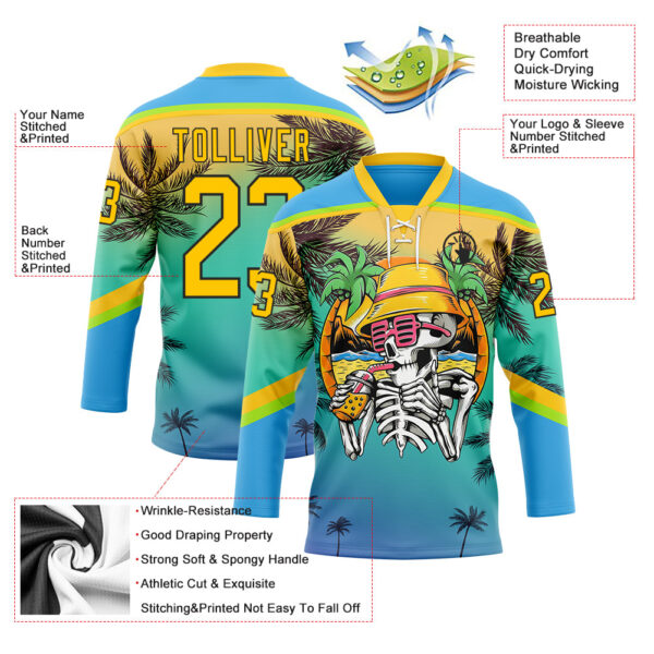 Custom Sky Blue Yellow Green-Black Gradient Hawaii Tropical Palm Trees Hockey Lace Neck Jersey
