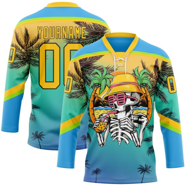 Custom Sky Blue Yellow Green-Black Gradient Hawaii Tropical Palm Trees Hockey Lace Neck Jersey