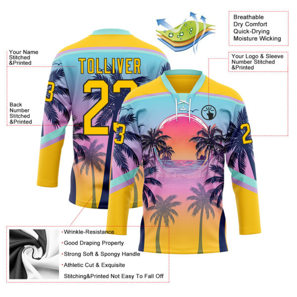 Custom Yellow Blue Purple-Black Gradient Hawaii Tropical Palm Trees Hockey Lace Neck Jersey