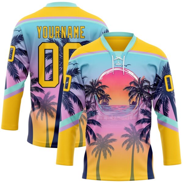 Custom Yellow Blue Purple-Black Gradient Hawaii Tropical Palm Trees Hockey Lace Neck Jersey